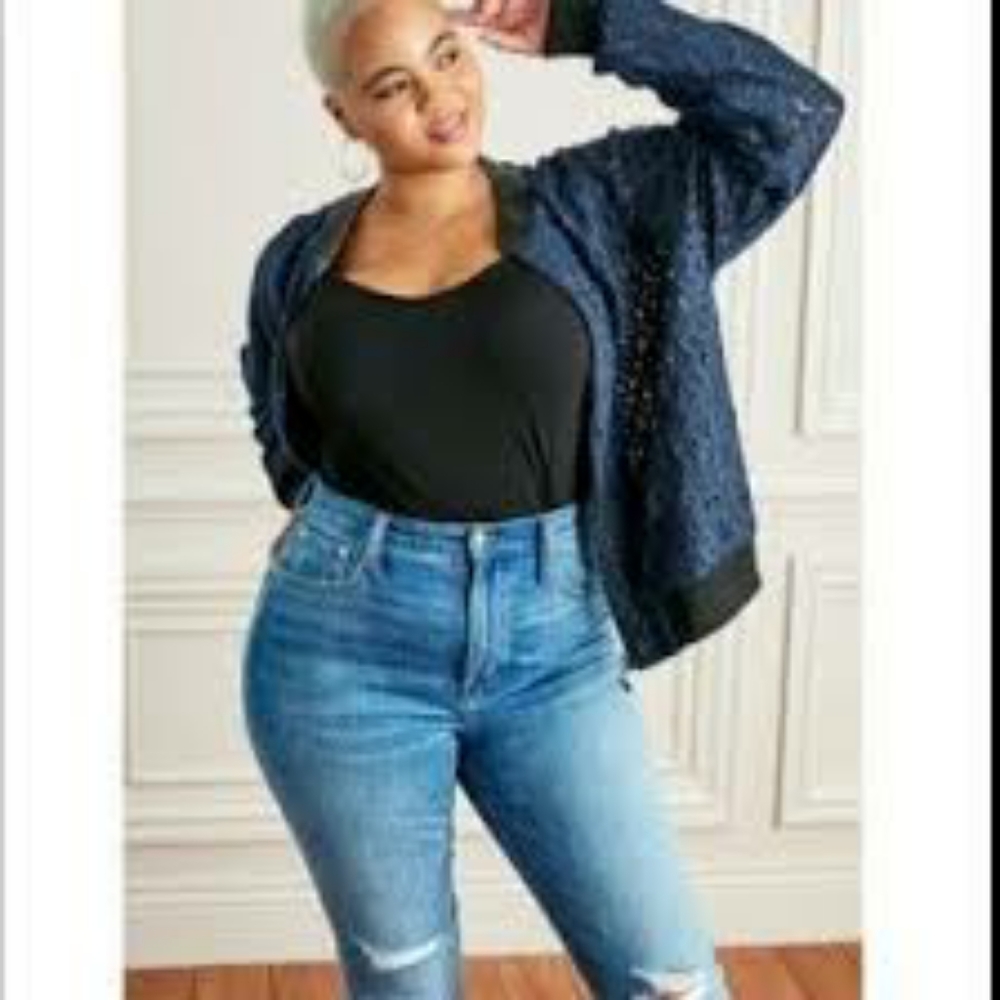 Navy Blue Lace and Black Leather Detail Jacket